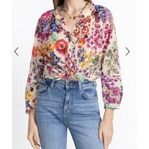 JOHNNY WAS Raglan Pintuck Blouse Small Floral Embroidered Cotton Top